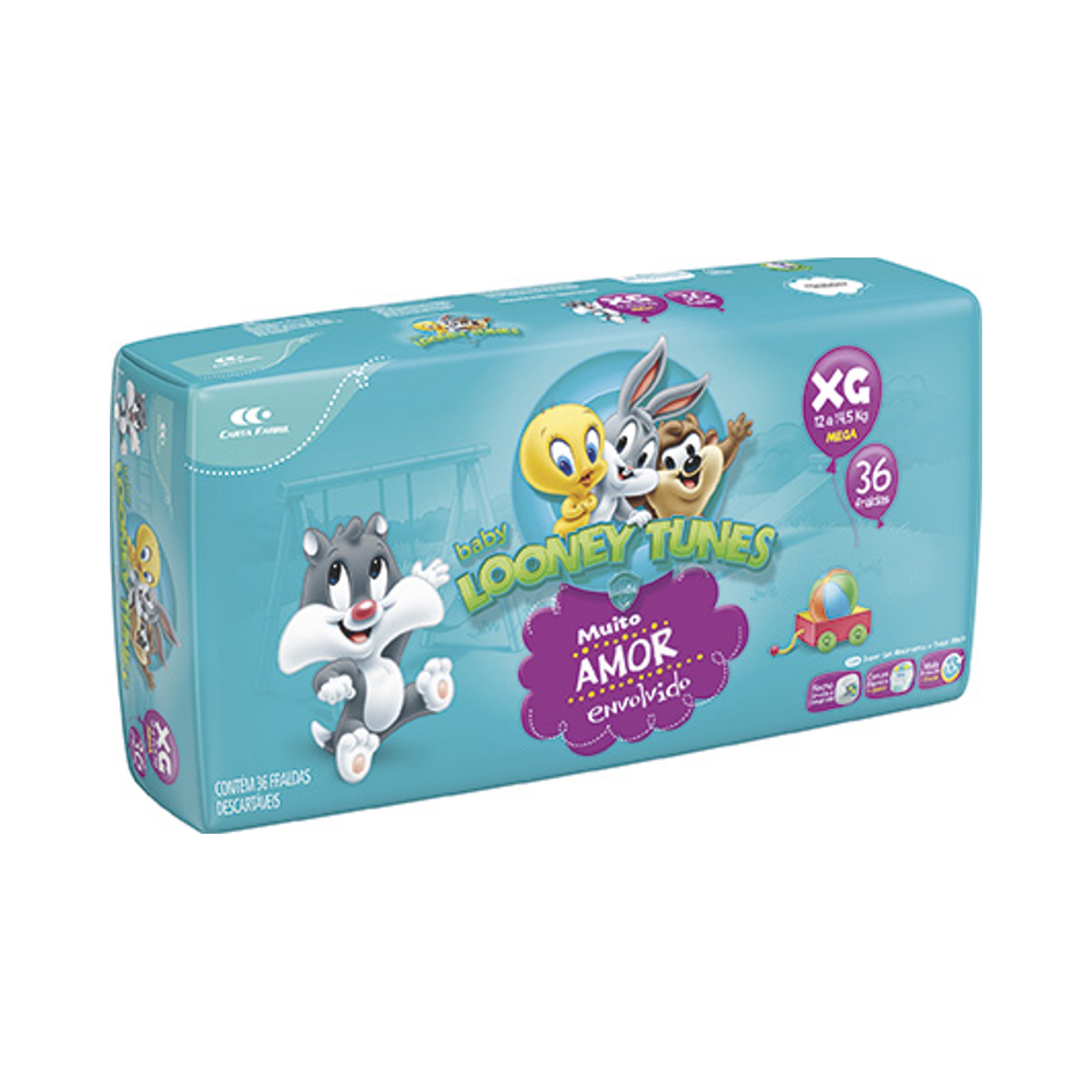 FRALDA BABY LOONEY TUNES, XG 36 FRALDAS PACOTE MEGA
