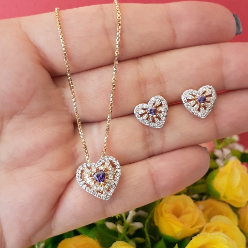 Conjunto coração com cristal lavanda e zircônias